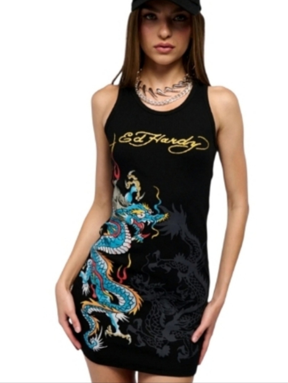Ed Hardy Dragon Ribbed Tank Mini Dress Black Sz XL NWT